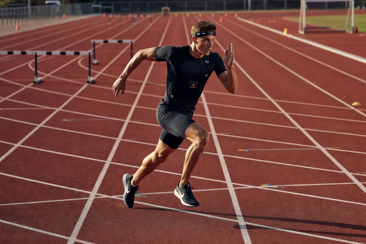 Athlete sprinting during a tracked training session wearing performance monitoring equipment