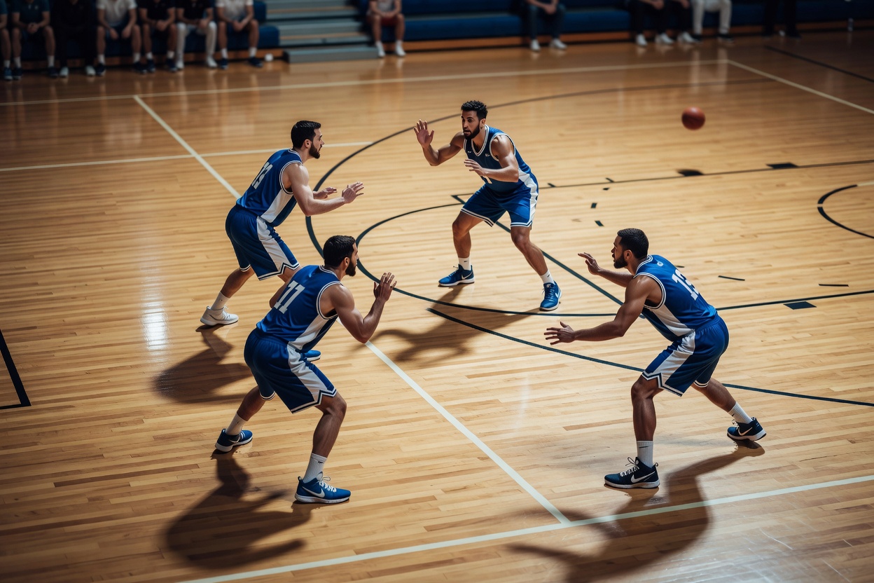 Basketball players positioned in a zone defense set on an indoor court