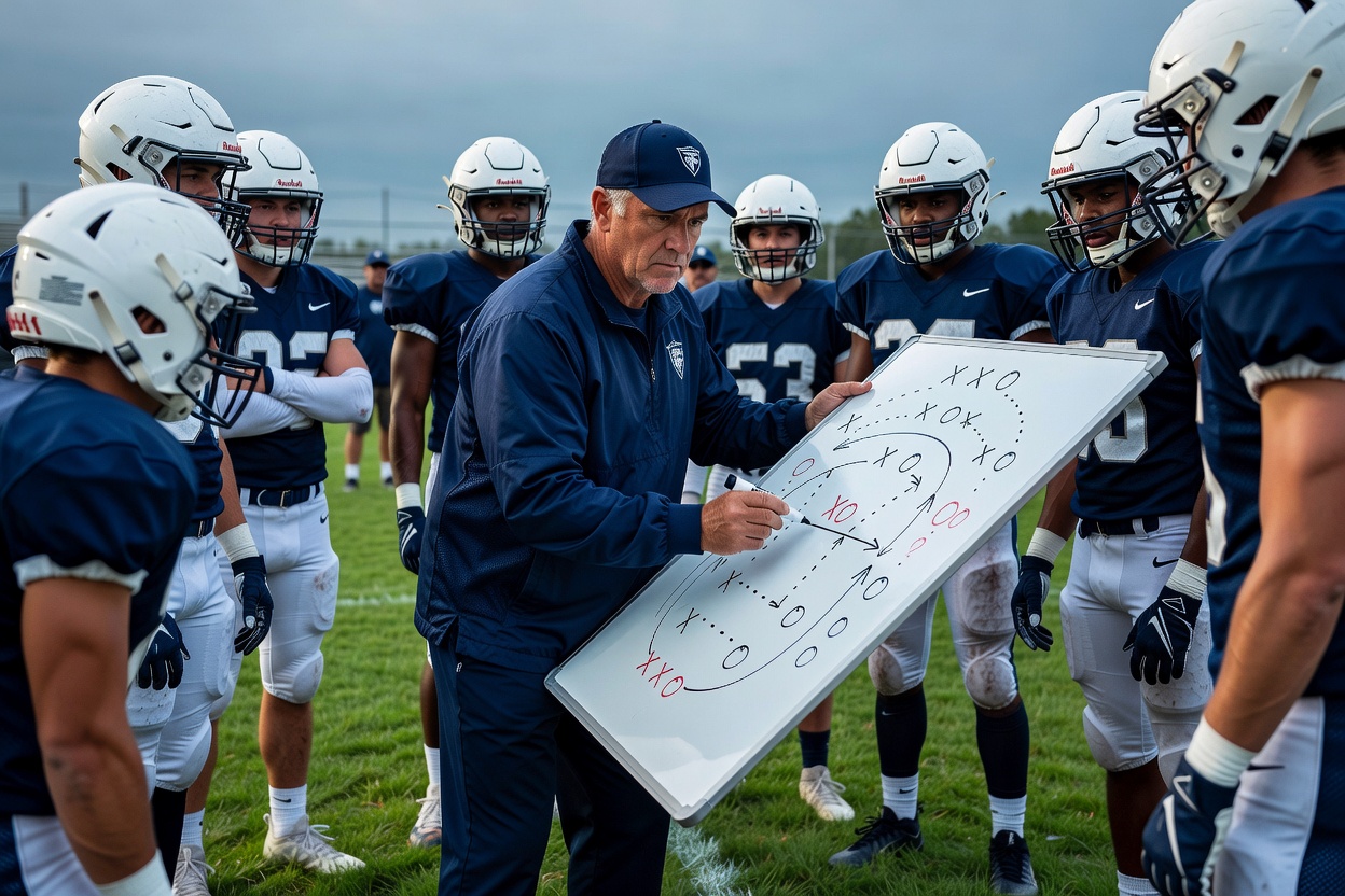 Coach explaining a game plan to players using a tactics whiteboard on the sideline