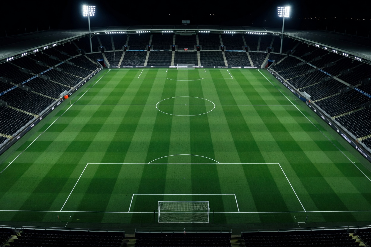 Elevated wide-angle view of a stadium pitch ideal for tactical video analysis filming