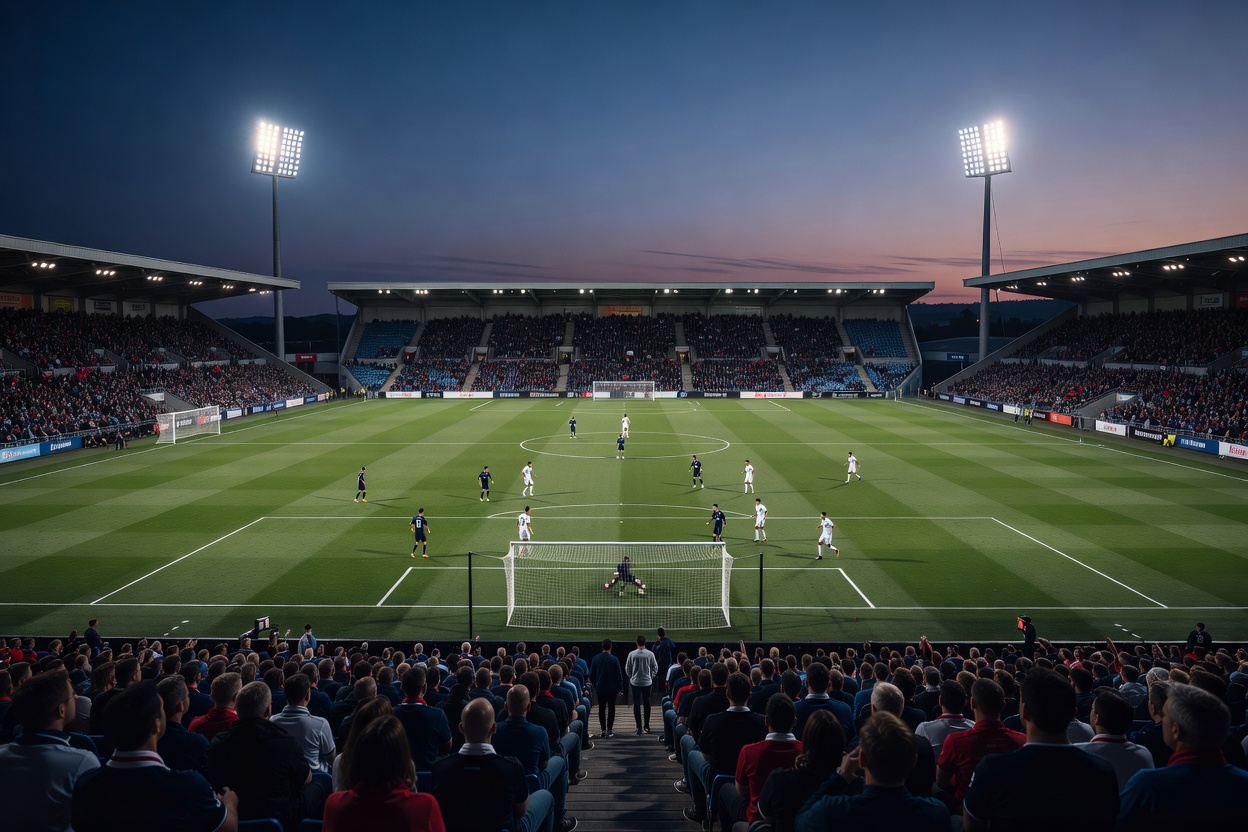 Floodlit football stadium viewed from the stands before a tactical evening match