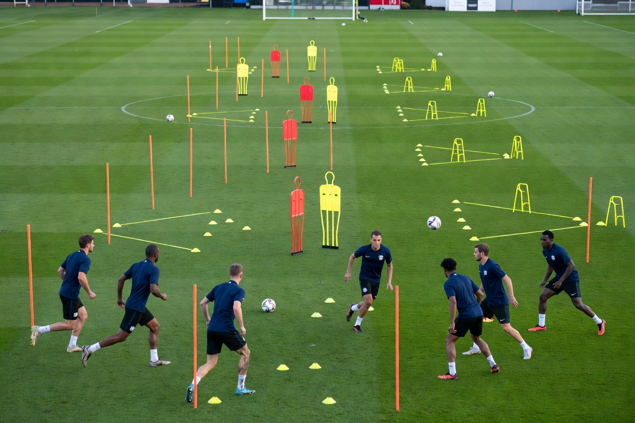 Football training pitch set up with drill equipment for a pressing pattern session