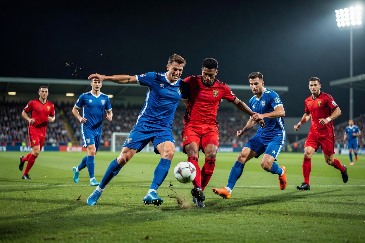 Footballers contesting possession at midfield during a high-press phase of play