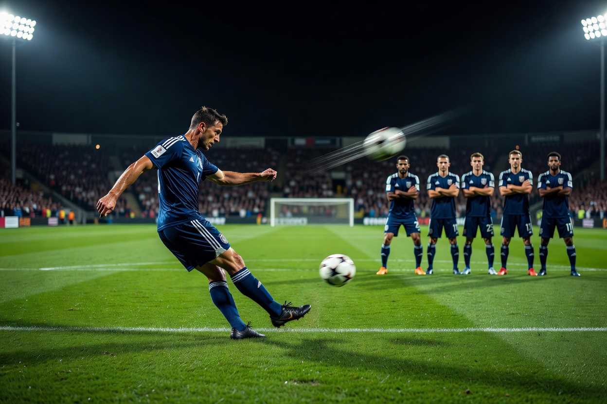 Player striking a dead ball from a free kick position with a defensive wall set