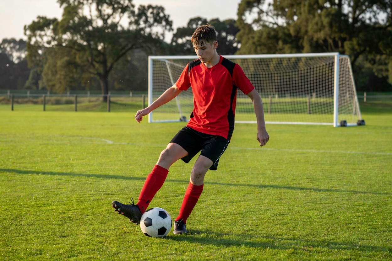 Young footballer practising first-touch control drills on a grass training pitch